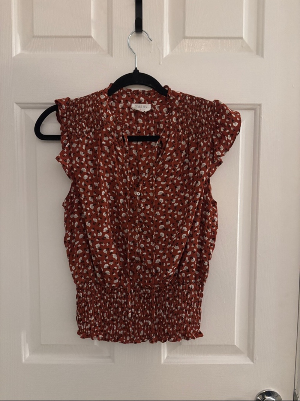 Sienna Sky Rust Floral Smocked Hem Cap Sleeve Blouse